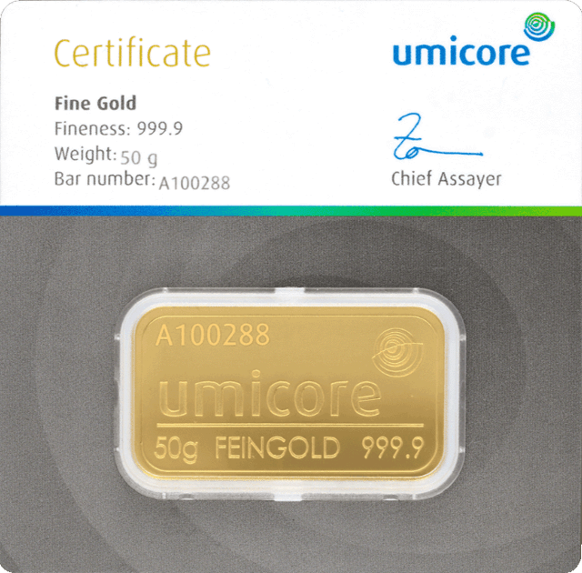 Lingot d'or Umicore certifié de 50 gramme